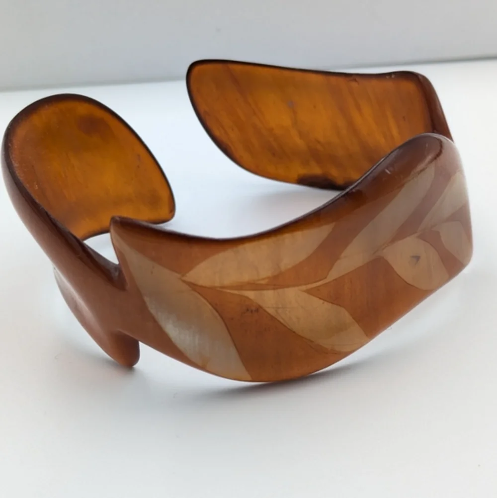 Vintage stunning brown bangle cuff bracelet with leaf pattern - Picture 7 of 7